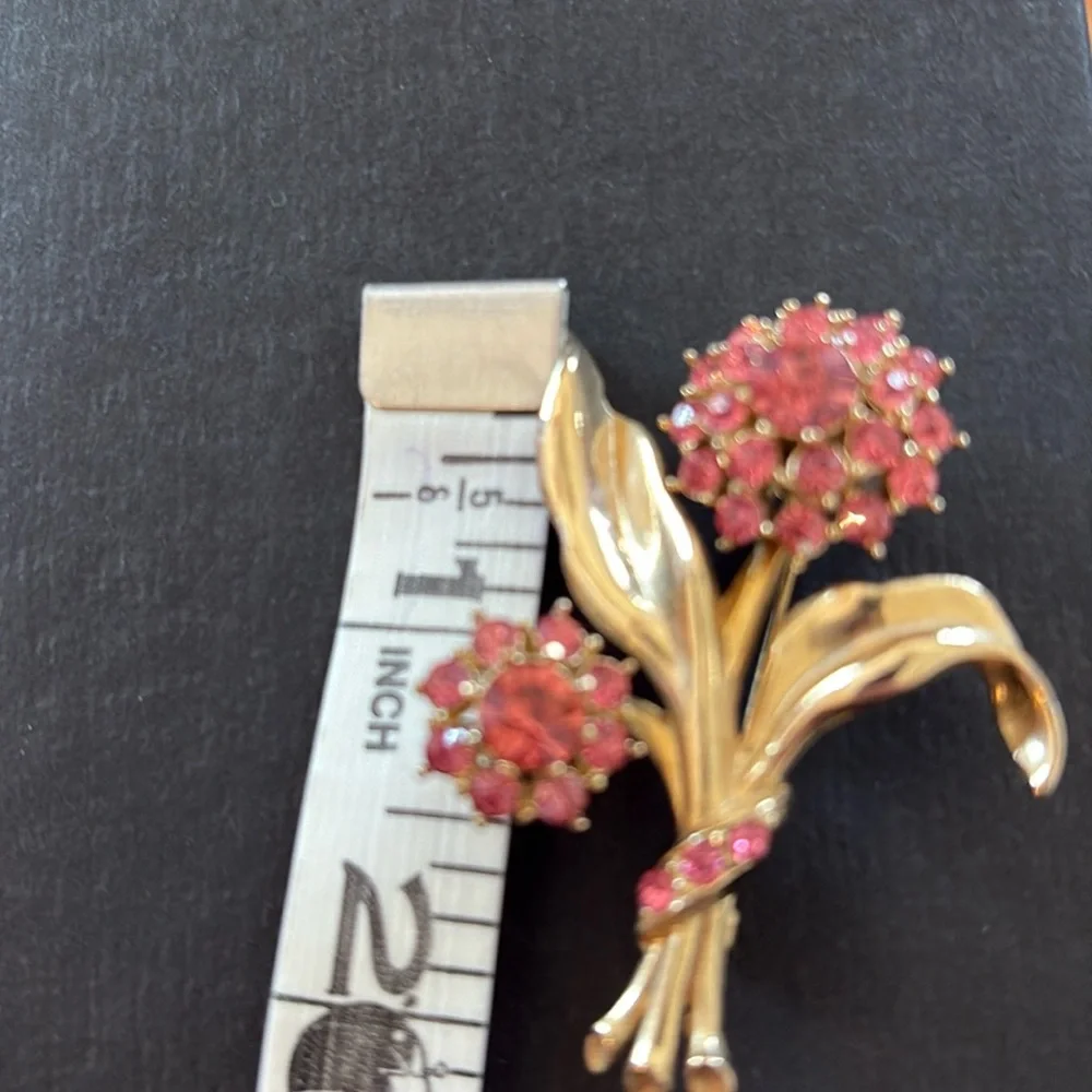 Vintage Pink Rose Crystal Floral Brass Brooch - Picture 5 of 5